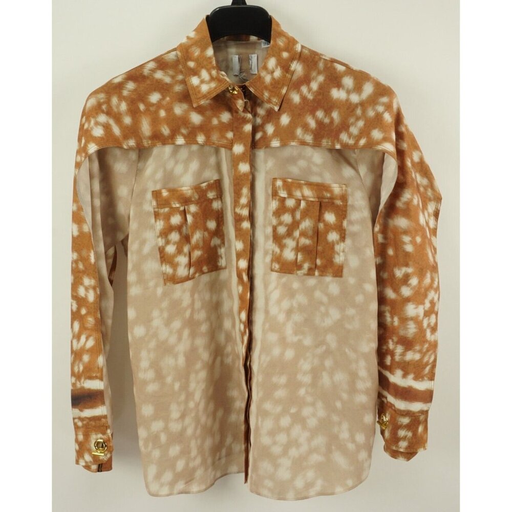 Burberry Deer Print Silk Cape Sleeve Women's Size 4 Brown Button Up Shirt Top